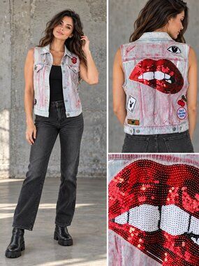 Levi's Custom Button Front Denim Vest Red Sequin Lips Patches M